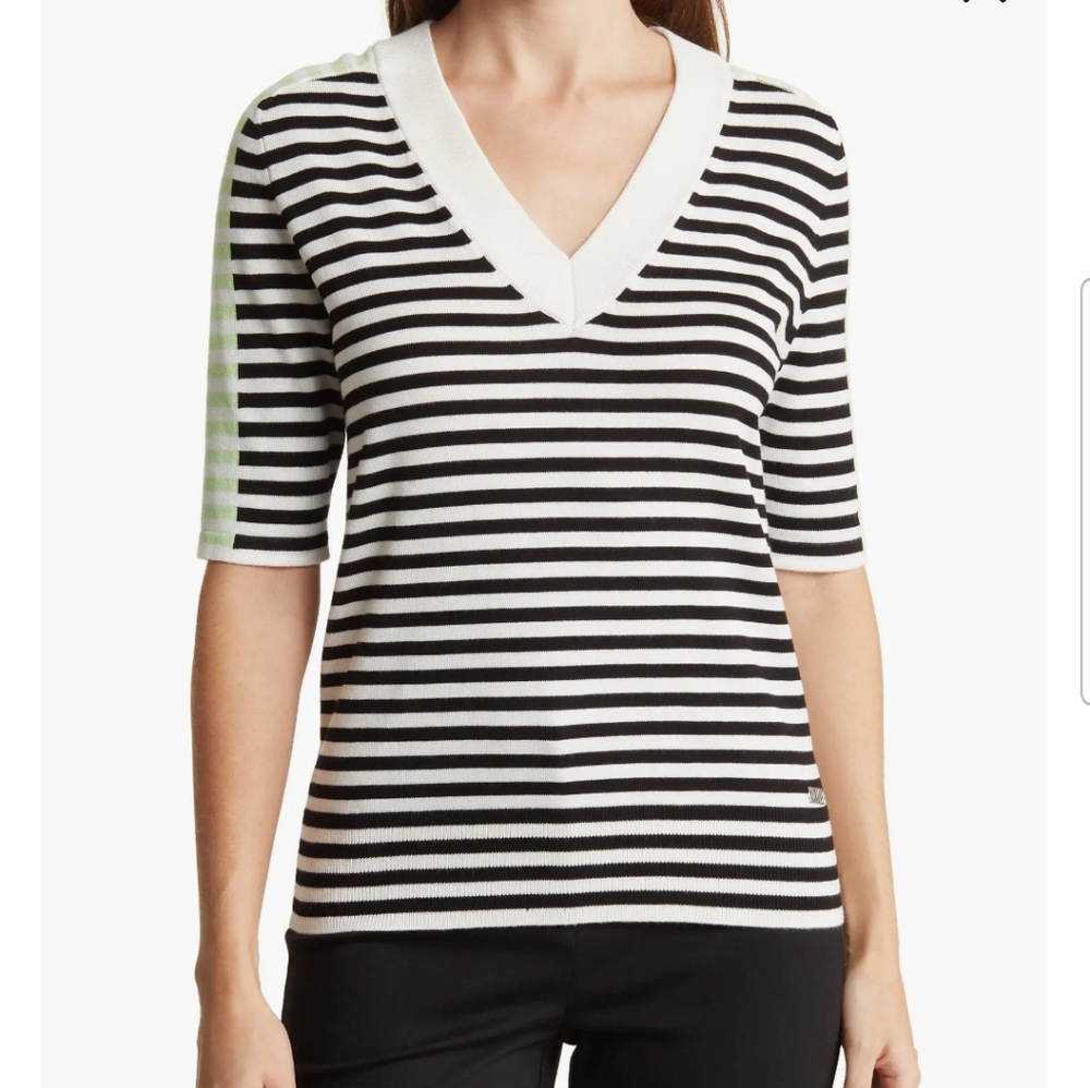 DKNY Striped V-Neck Sweater Tee | Black White Green | Sold Out!